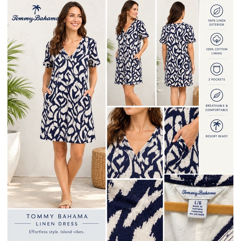 Tommy Bahama Womens Linen Ikat Print V-Neck Shift Dress Navy White Large